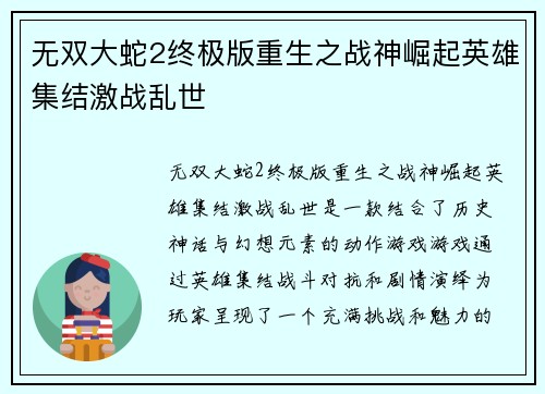 无双大蛇2终极版重生之战神崛起英雄集结激战乱世
